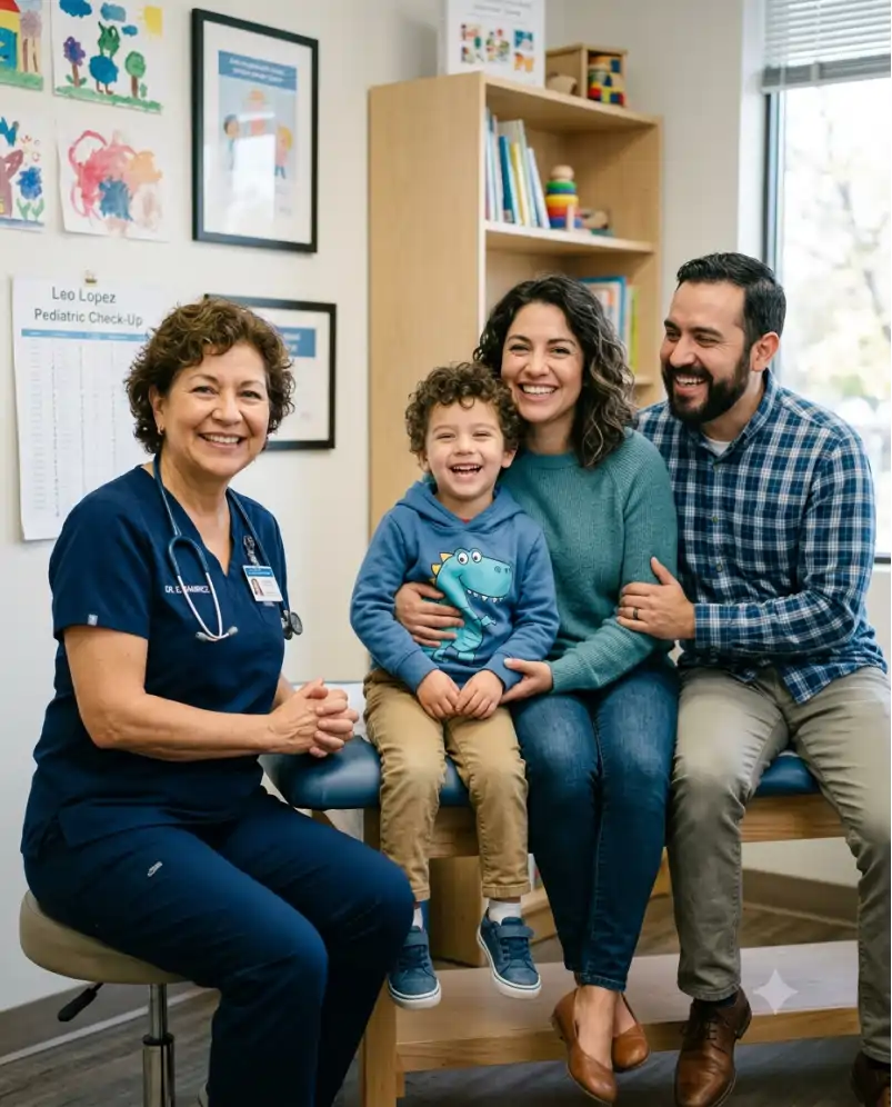 Familia sonriente en la consulta pediátrica — seguro de salud en Tenerife