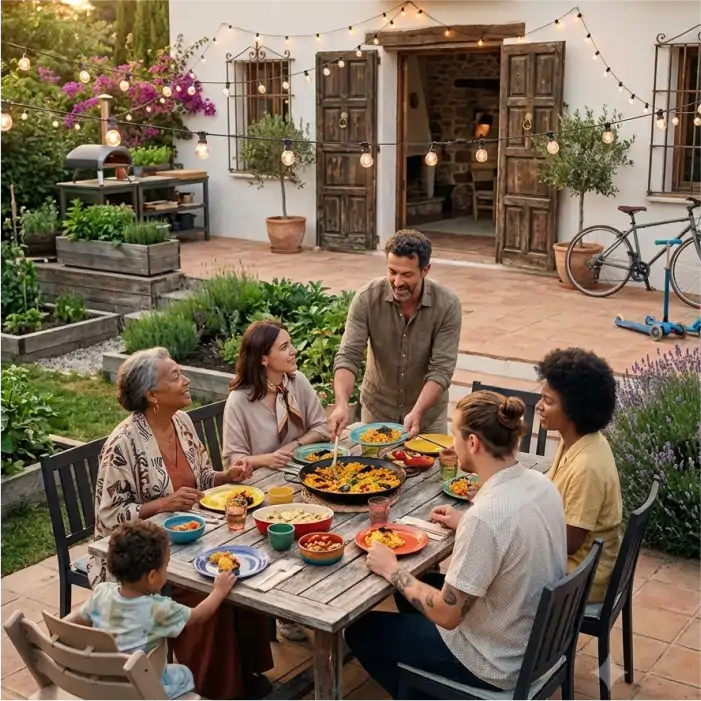 Familia disfrutando de una cena en el patio de su vivienda — seguro de hogar en Tenerife